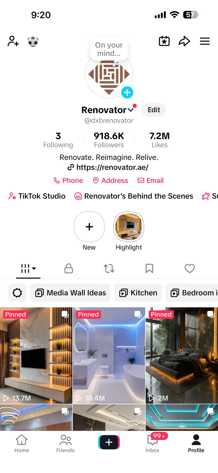 Renovator TikTok profile screenshot showing 918.6K followers and 7.2M likes