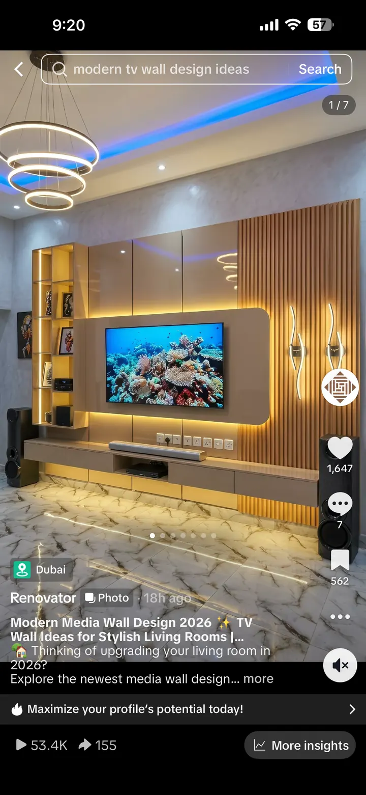 Recent Renovator TikTok media wall design post showing 53.4K views