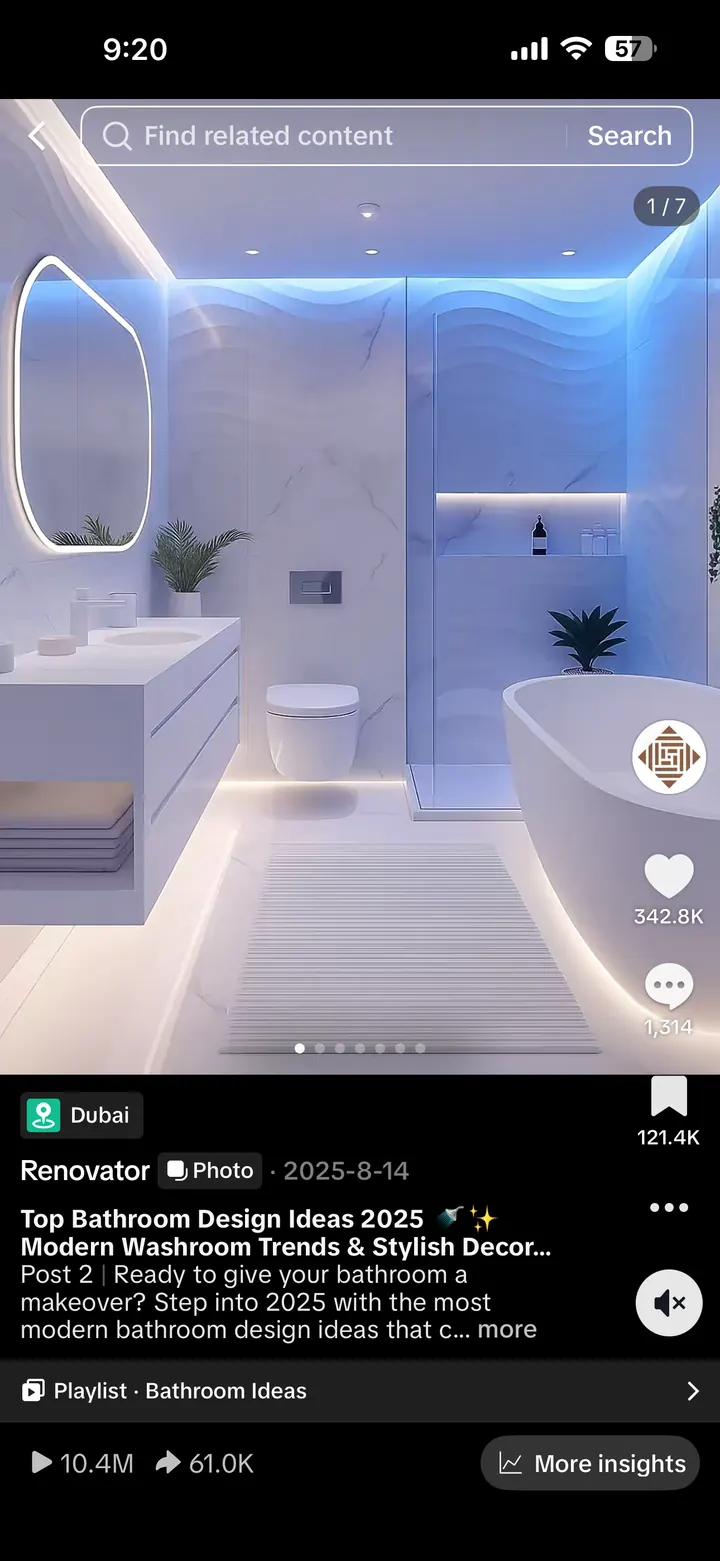 Renovator TikTok bathroom design ideas post with 10.4M views