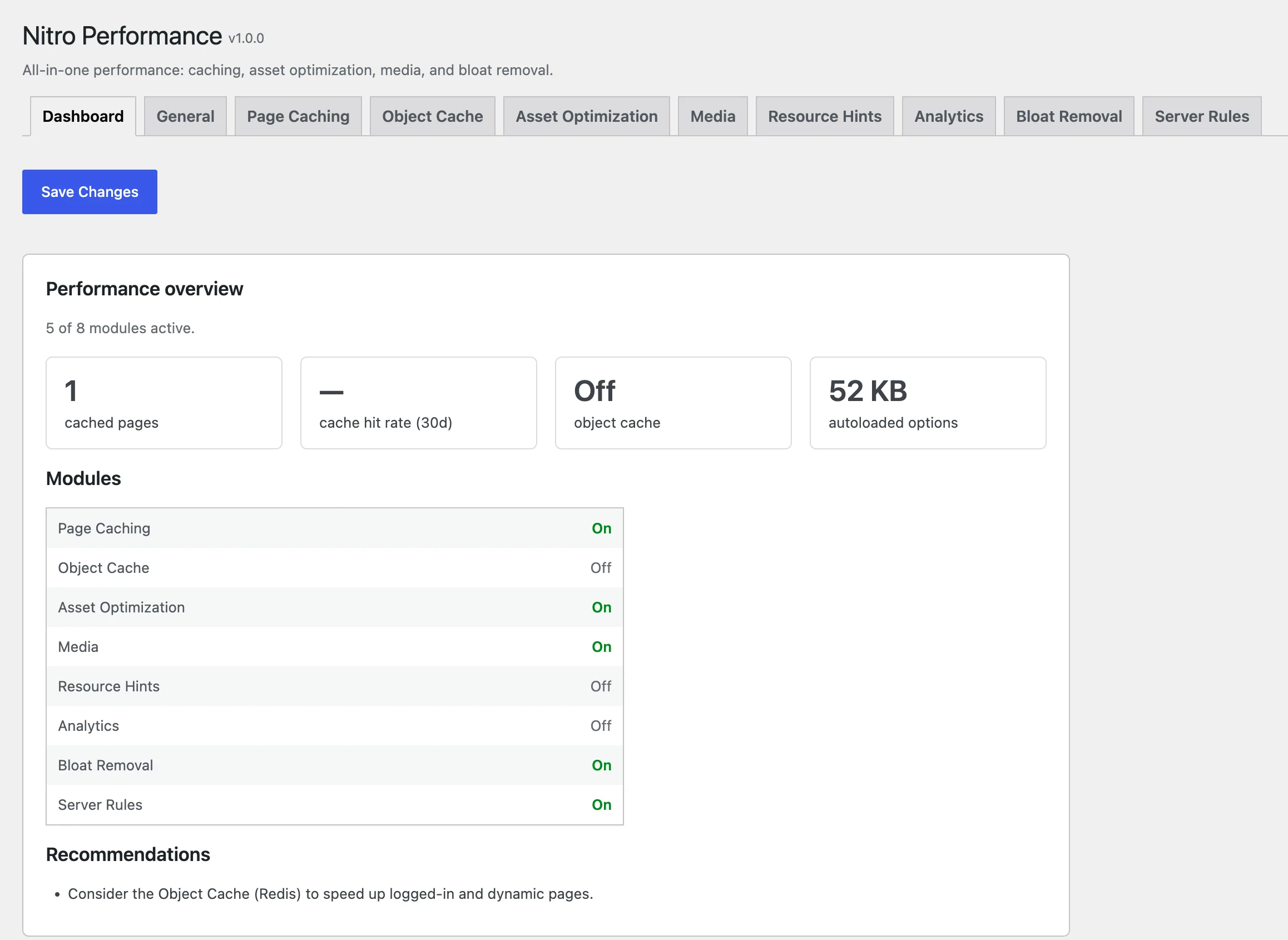 SpeedSpark dashboard in the WordPress admin, showing the performance overview, module toggles, and recommendations